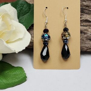 Elegant Silver Toned Dangle Earrings With Faceted AB Crystals and Black Beads